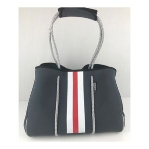 QOGIR Gray Neoprene Tote Bag‎ Red White Stripe Beach Travel Zipper Pouch